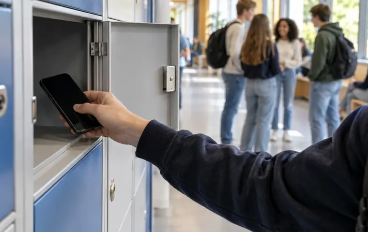 Een leerling legt tijdens de schooldag een smartphone in een kluisje op een Nederlandse school