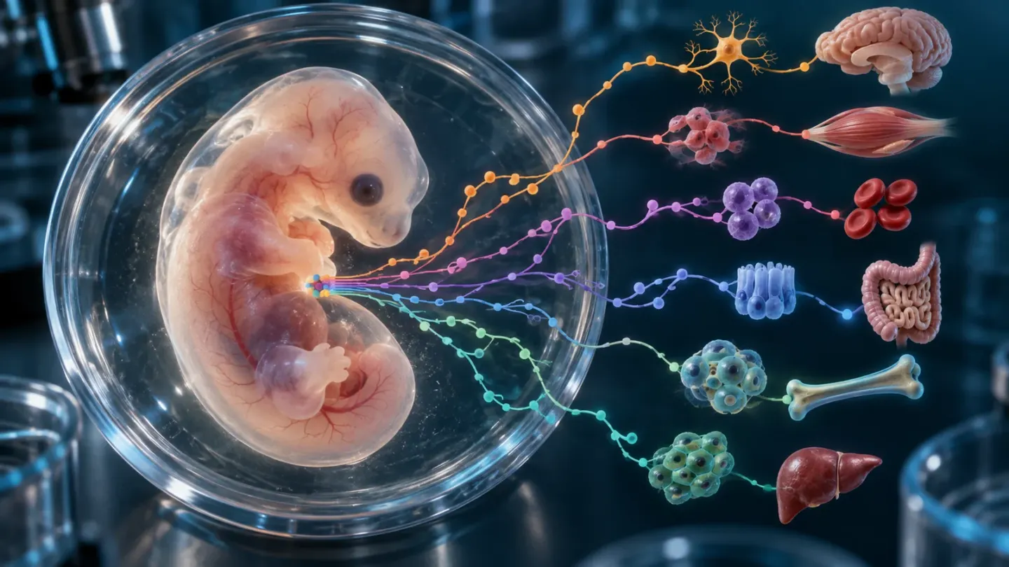 Artistieke wetenschappelijke illustratie van een muizenembryo met gekleurde vertakkingen naar verschillende cel- en orgaantypen.