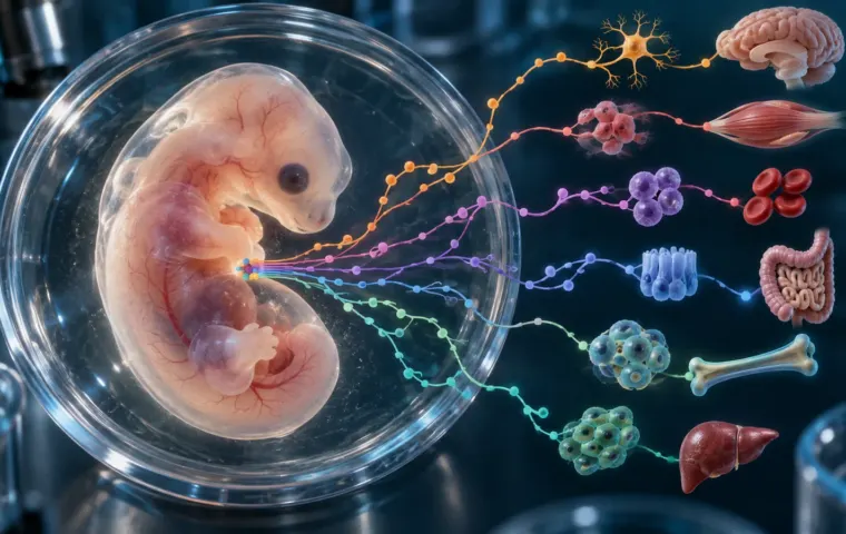 Artistieke wetenschappelijke illustratie van een muizenembryo met gekleurde vertakkingen naar verschillende cel- en orgaantypen.