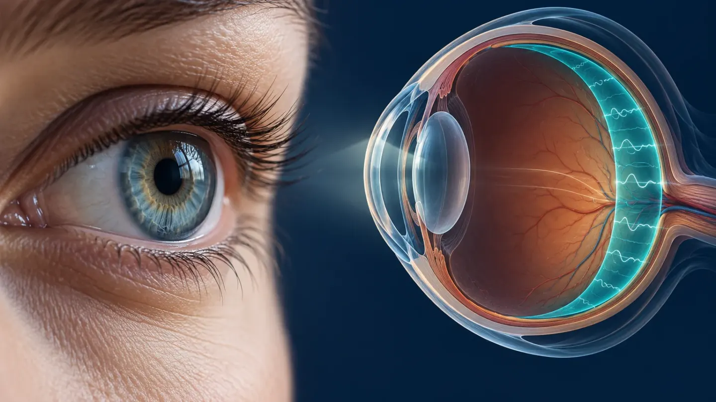 Illustratie met een menselijk oog naast een doorsnede van een oog waarin het netvlies is gemarkeerd.
