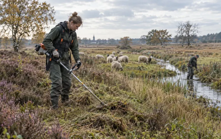 Natuurbeheerders maaien vegetatie langs een watergang terwijl schapen grazen in een Nederlands landschap.