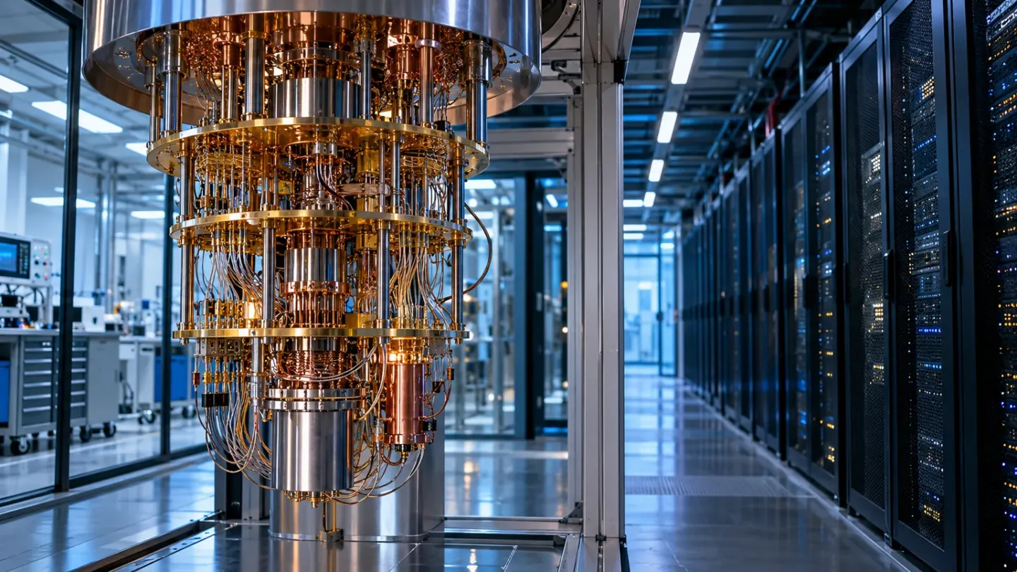 Een quantumcomputerinstallatie naast reguliere serverkasten, als illustratie van de Nederlandse voorbereiding op quantumveilige technologie.