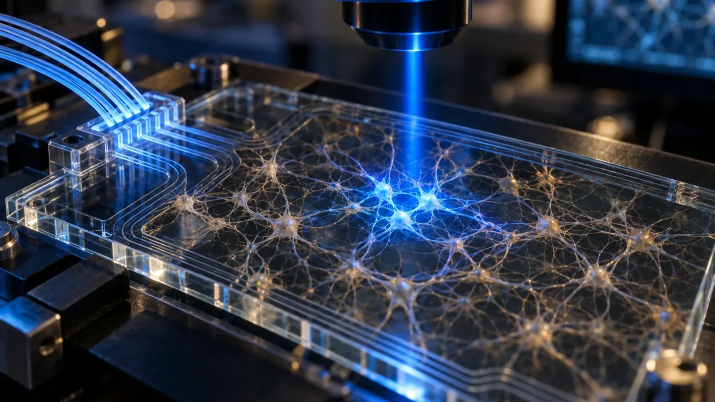 Blauw licht activeert een kleine groep gekweekte zenuwcellen op een transparante microchip