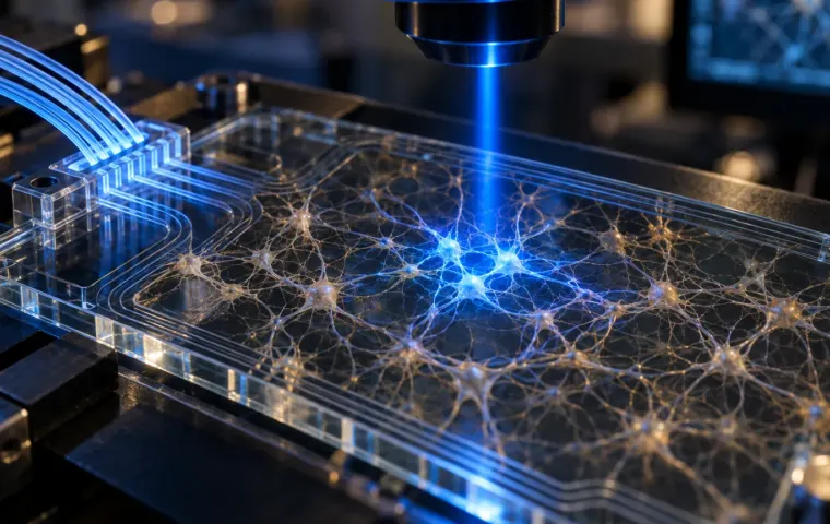 Blauw licht activeert een kleine groep gekweekte zenuwcellen op een transparante microchip