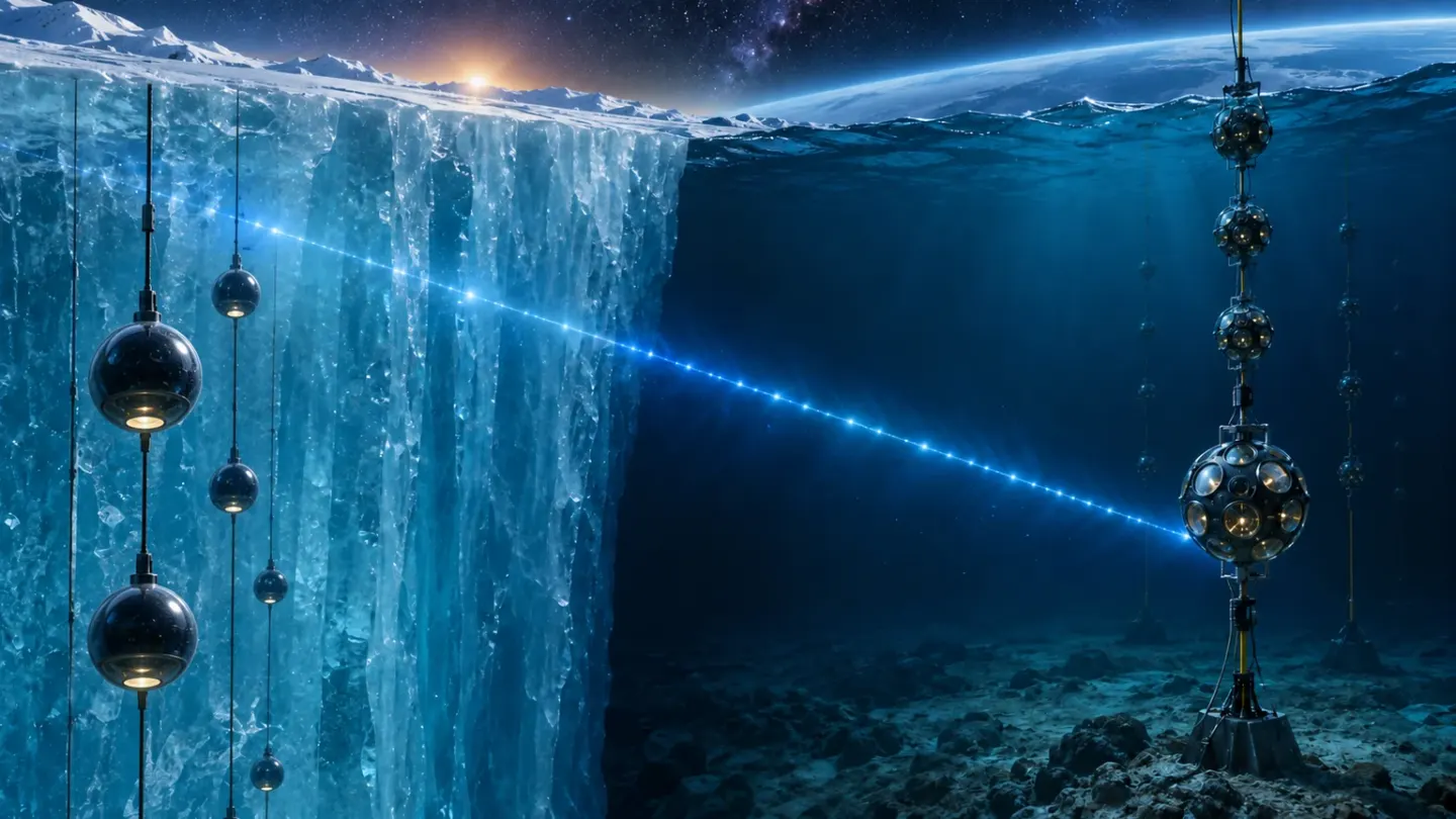 IceCube-lichtsensoren in Zuidpoolijs naast een KM3NeT-sensorlijn in diep zeewater