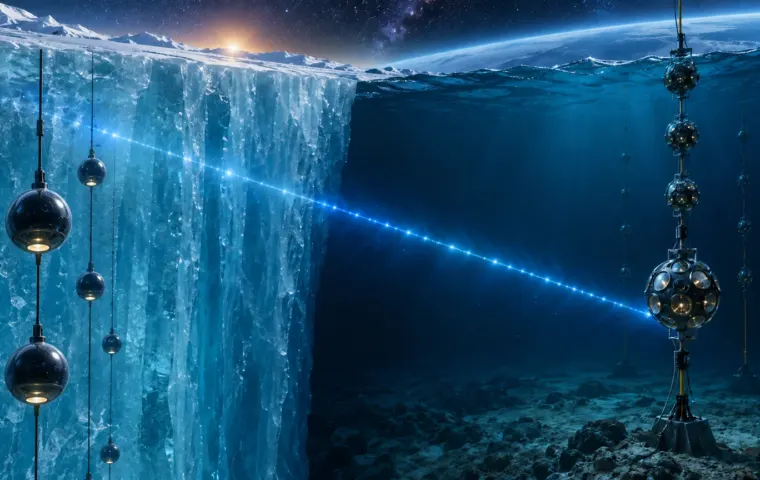 IceCube-lichtsensoren in Zuidpoolijs naast een KM3NeT-sensorlijn in diep zeewater