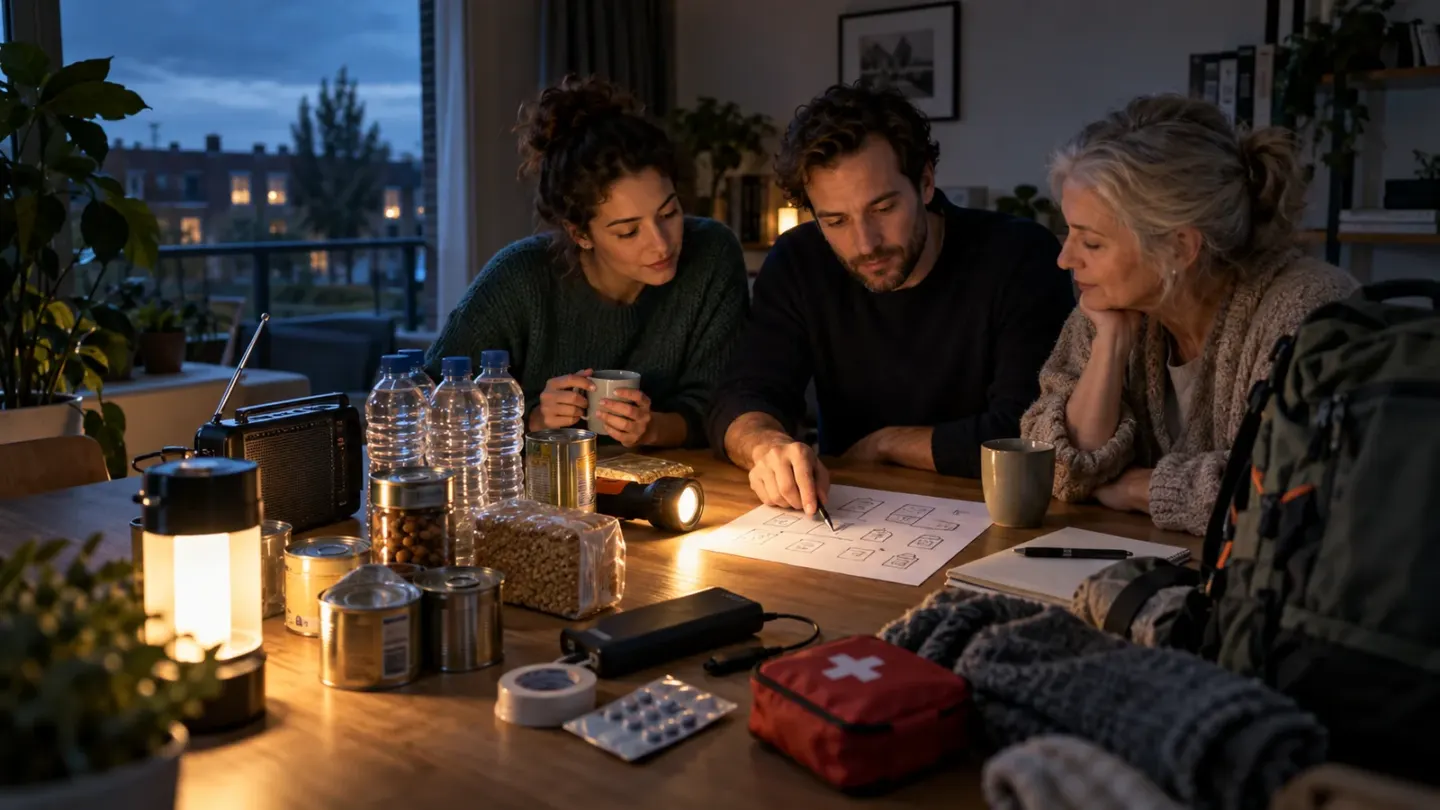 Drie mensen maken bij kaarslicht een noodplan met water, radio, zaklamp en noodvoorraad op tafel.
