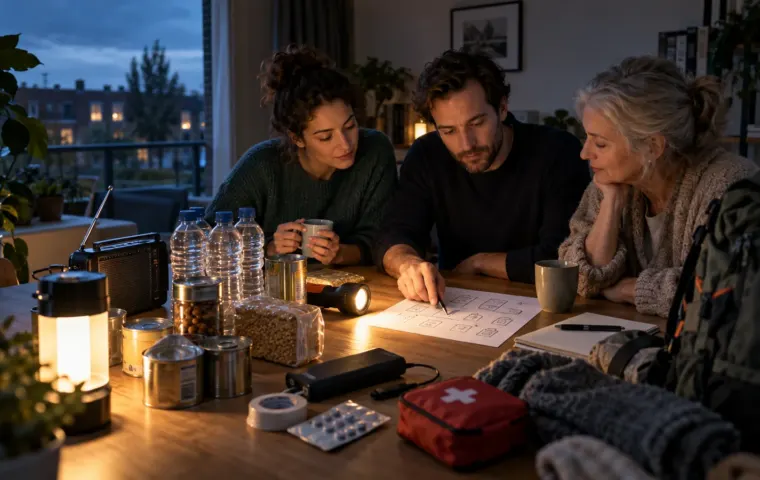 Drie mensen maken bij kaarslicht een noodplan met water, radio, zaklamp en noodvoorraad op tafel.