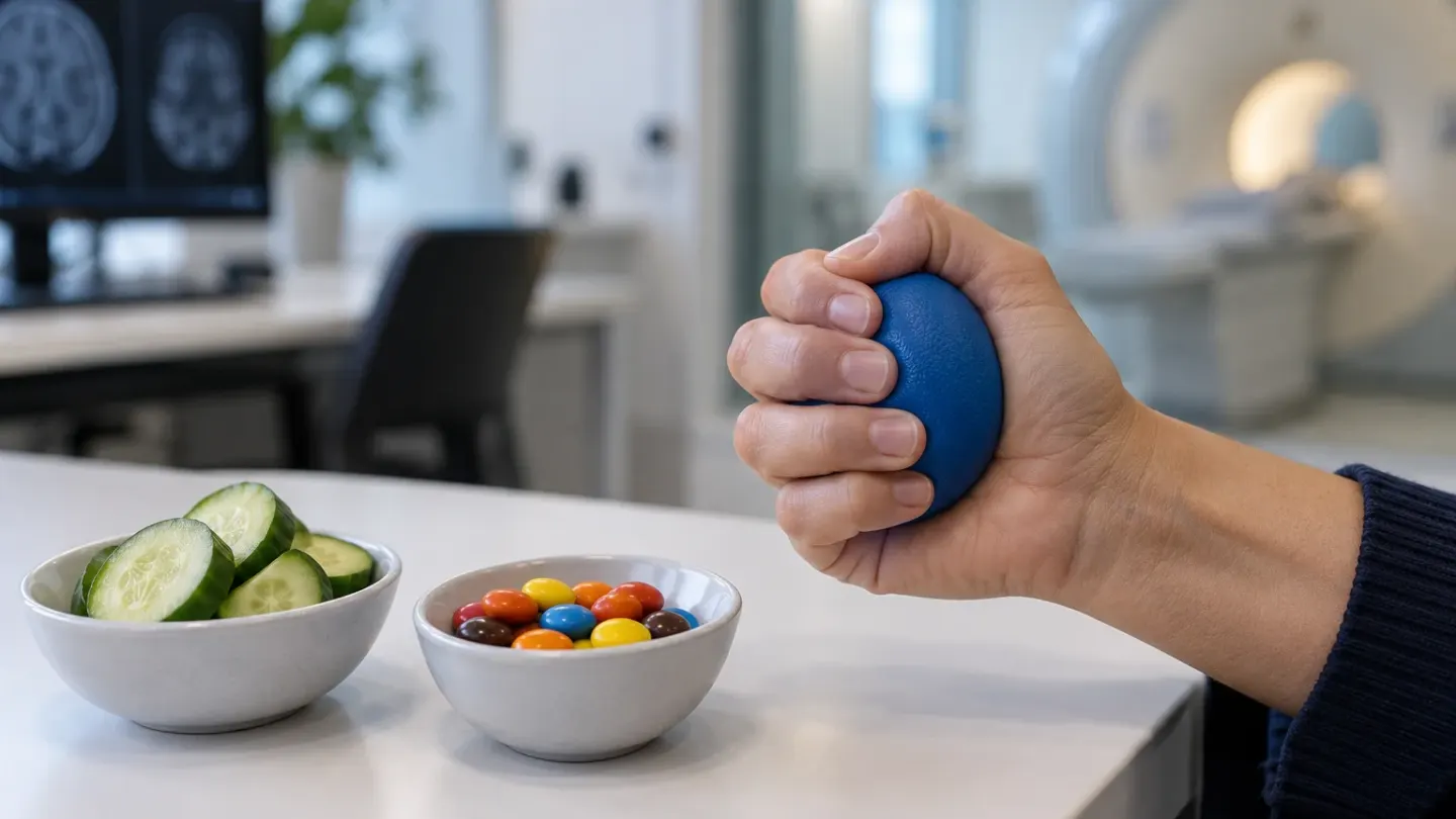 Een hand knijpt in een blauwe bal naast schaaltjes met komkommer en chocoladesnoepjes in een onderzoeksruimte.