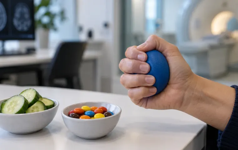 Een hand knijpt in een blauwe bal naast schaaltjes met komkommer en chocoladesnoepjes in een onderzoeksruimte.