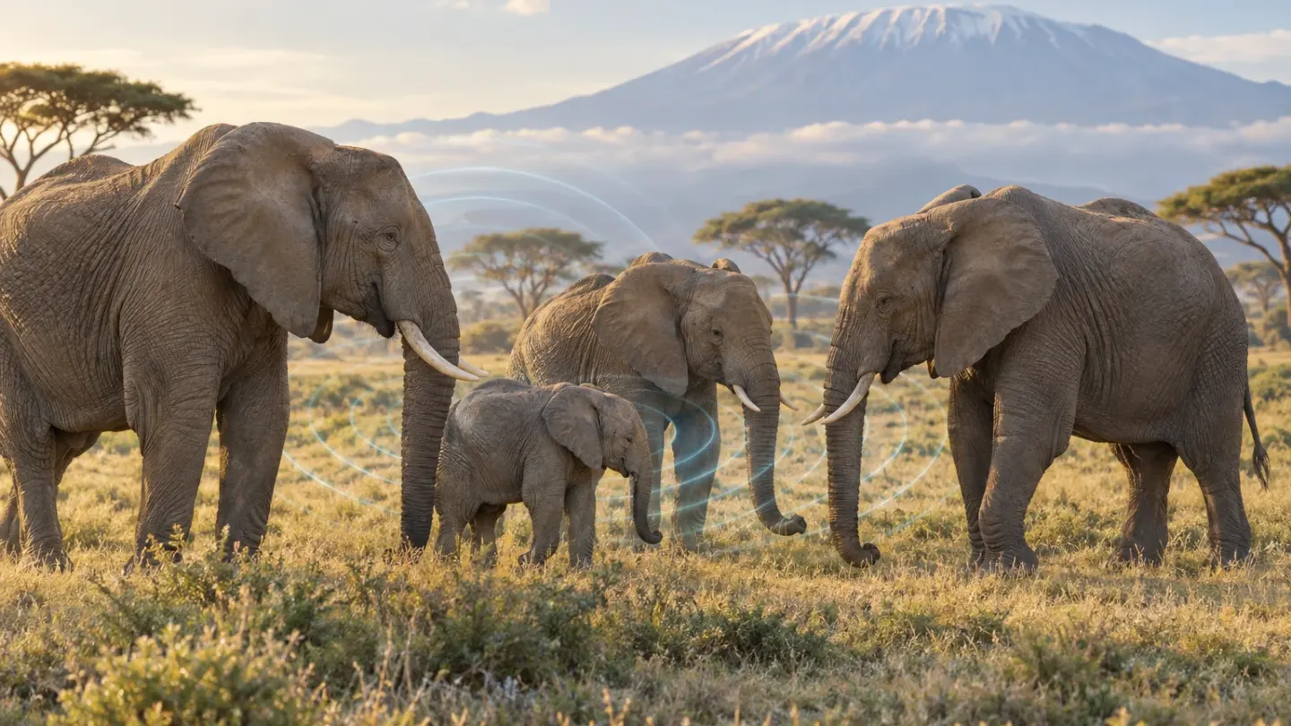 Familiegroep Afrikaanse savanneolifanten met subtiele geluidsgolven die gezamenlijk laag gebrom verbeelden