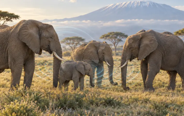 Familiegroep Afrikaanse savanneolifanten met subtiele geluidsgolven die gezamenlijk laag gebrom verbeelden