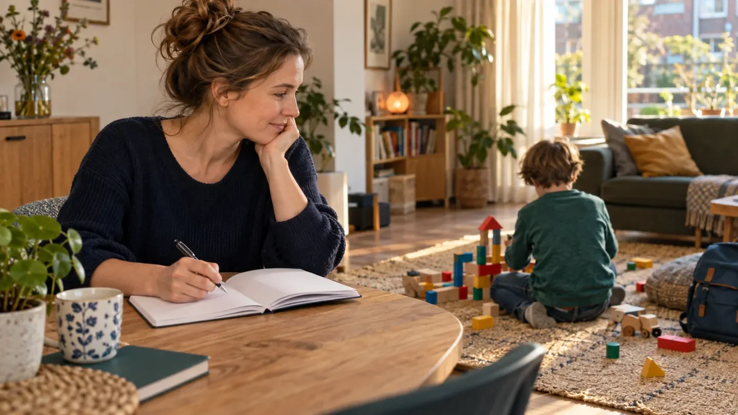 Een ouder maakt aantekeningen in een werkboek terwijl een kind in de woonkamer met bouwblokken speelt.