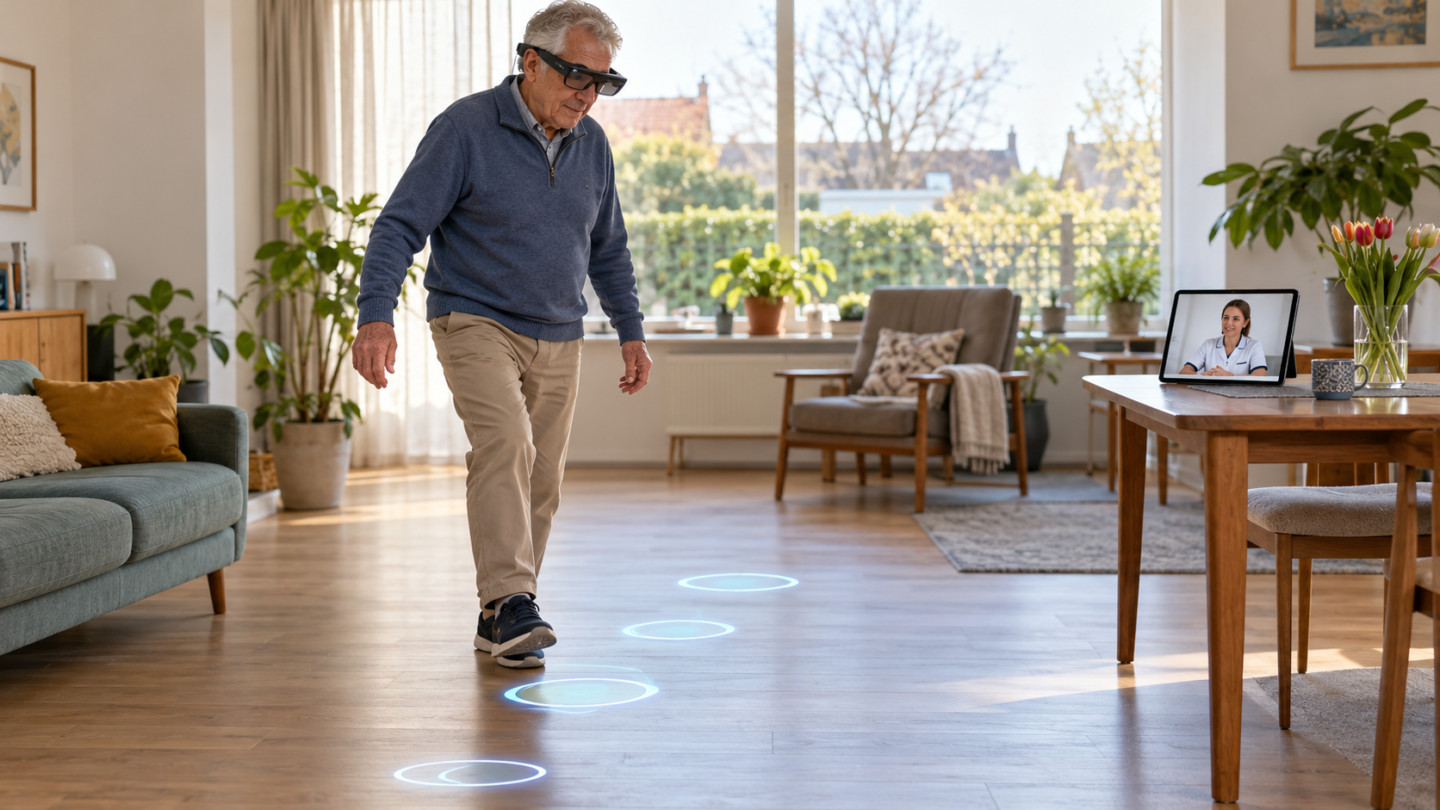 Man met parkinson oefent thuis met een bril voor aangevulde werkelijkheid terwijl een fysiotherapeut op afstand meekijkt.