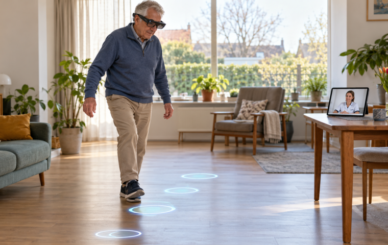 Man met parkinson oefent thuis met een bril voor aangevulde werkelijkheid terwijl een fysiotherapeut op afstand meekijkt.