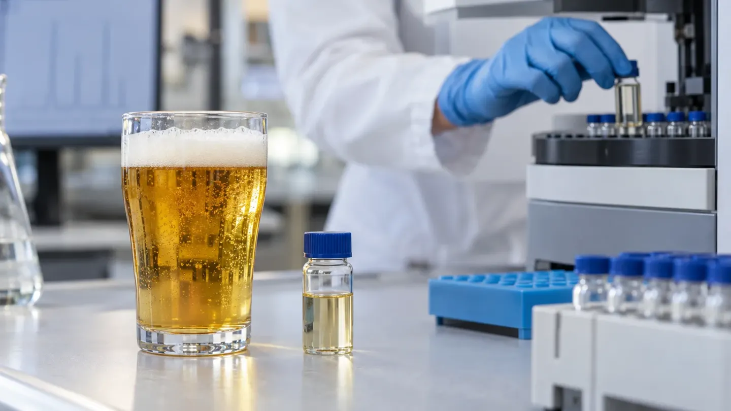Glas bier en monsterflesje in een laboratorium waar chemische stoffen worden gemeten