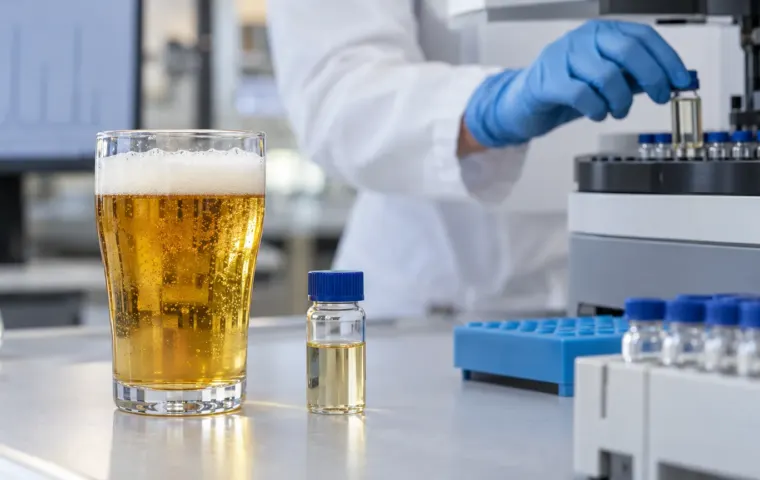 Glas bier en monsterflesje in een laboratorium waar chemische stoffen worden gemeten