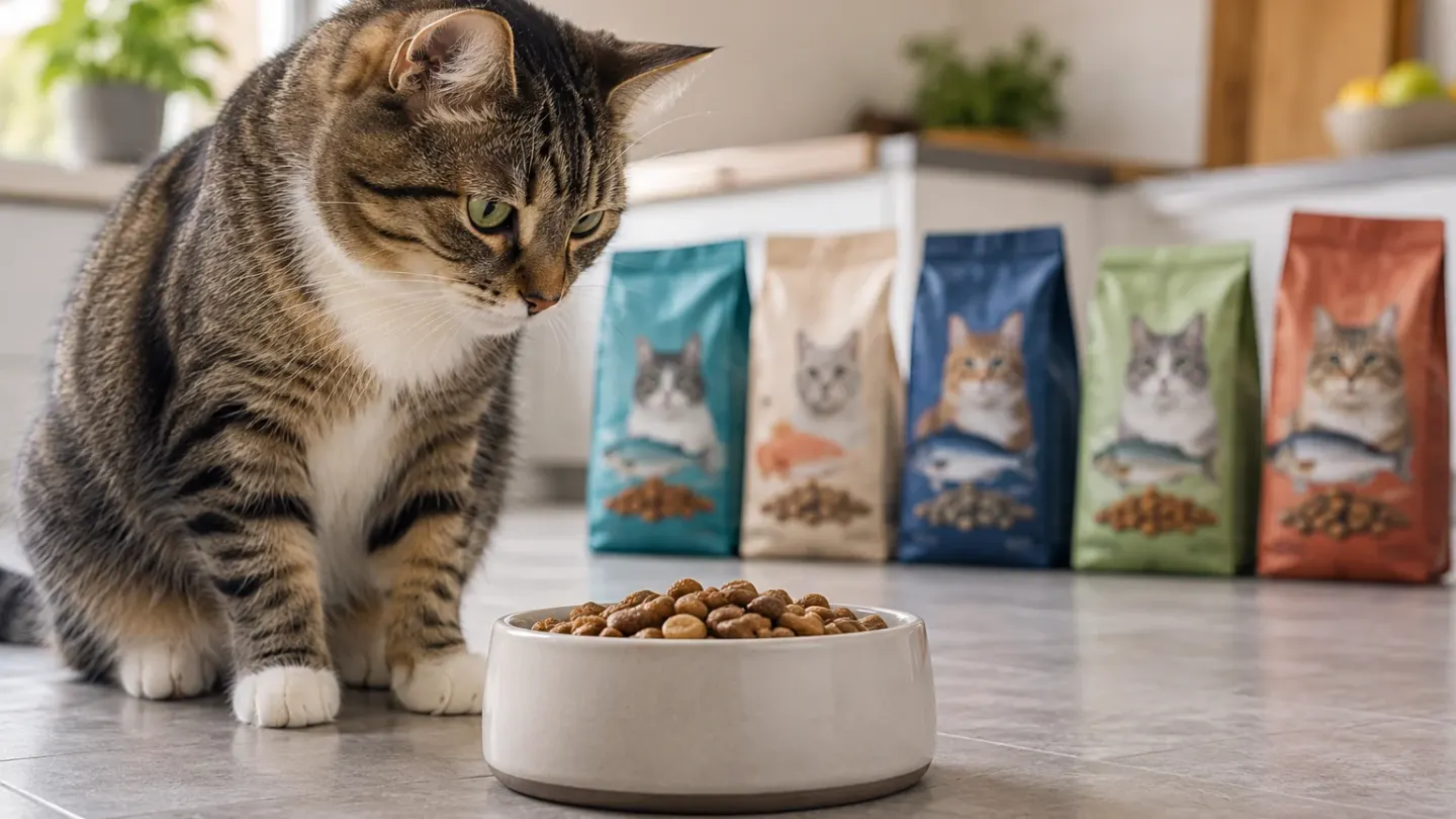 Gezonde kat bij een kom droge brokken met vijf merkloze kattenvoerzakken op de achtergrond
