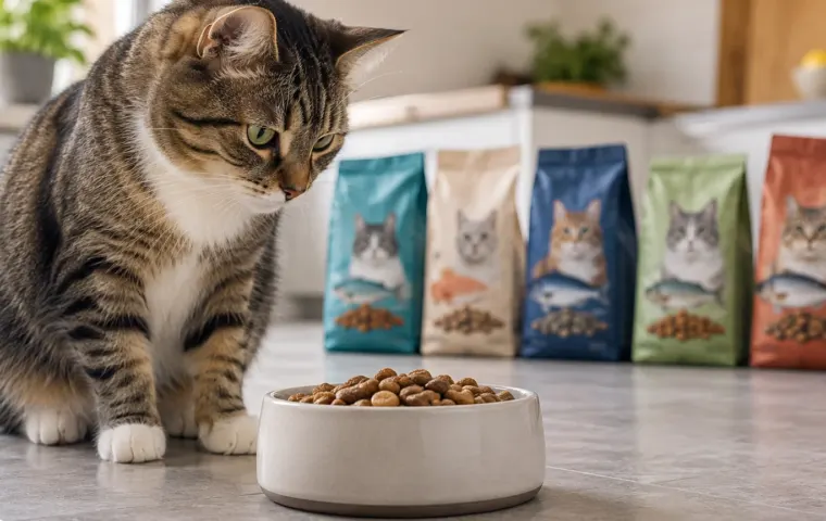 Gezonde kat bij een kom droge brokken met vijf merkloze kattenvoerzakken op de achtergrond