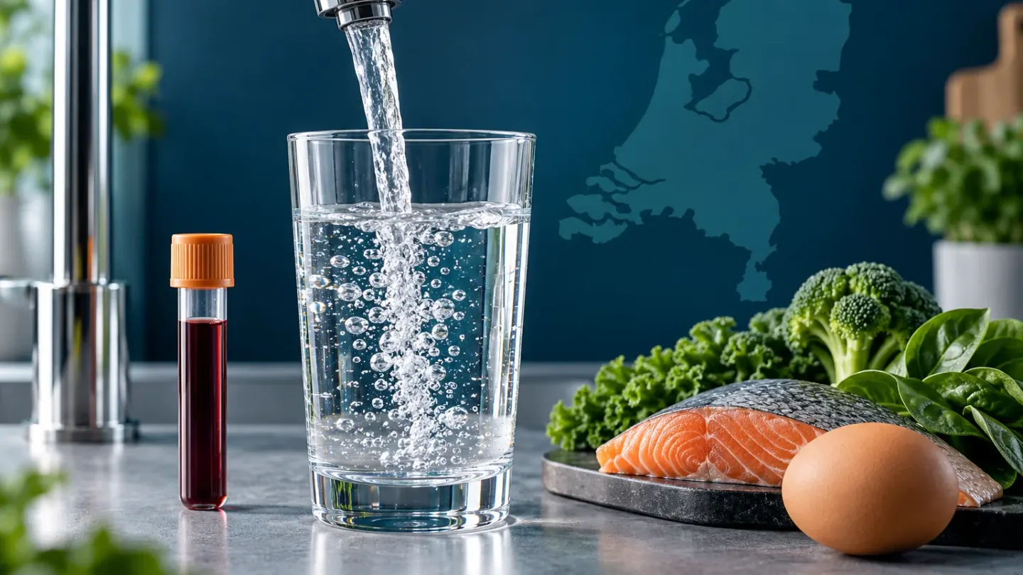 Glas Nederlands kraanwater naast een bloedbuisje, vis, ei en groenten met een silhouet van Nederland op de achtergrond