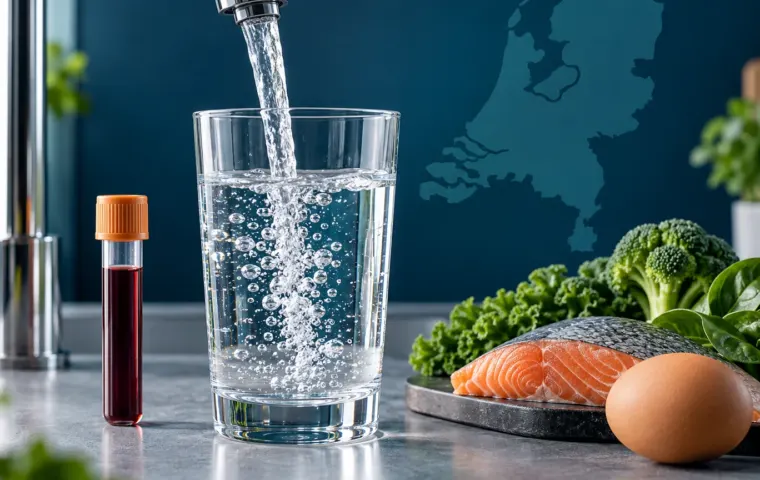 Glas Nederlands kraanwater naast een bloedbuisje, vis, ei en groenten met een silhouet van Nederland op de achtergrond
