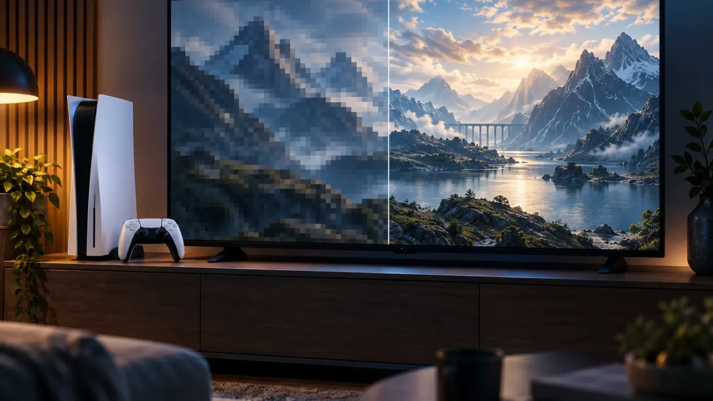 Spelcomputer naast een televisie waarop hetzelfde berglandschap eerst korrelig en daarna scherp wordt getoond