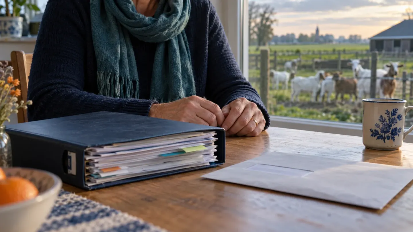 Een anonieme patiënt zit met een dik dossier aan een keukentafel, met een Nederlandse geitenhouderij op de achtergrond.