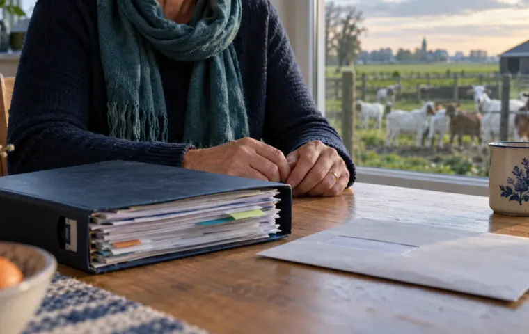 Een anonieme patiënt zit met een dik dossier aan een keukentafel, met een Nederlandse geitenhouderij op de achtergrond.