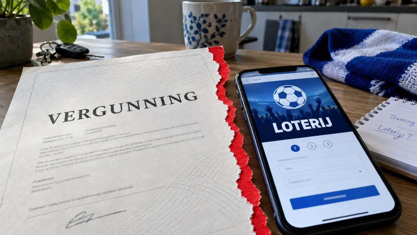 Een generieke vergunning naast een smartphone met een fictieve voetballoterij, gescheiden door een rode scheurrand