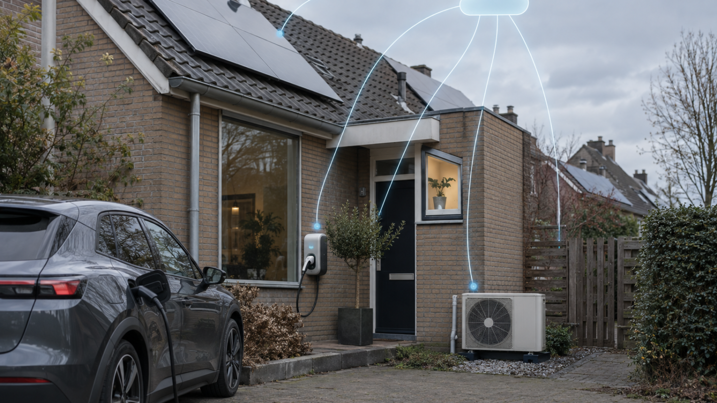 Een Nederlandse woning met zonnepanelen, laadpaal en warmtepomp die via subtiele lijnen met dezelfde cloud zijn verbonden.