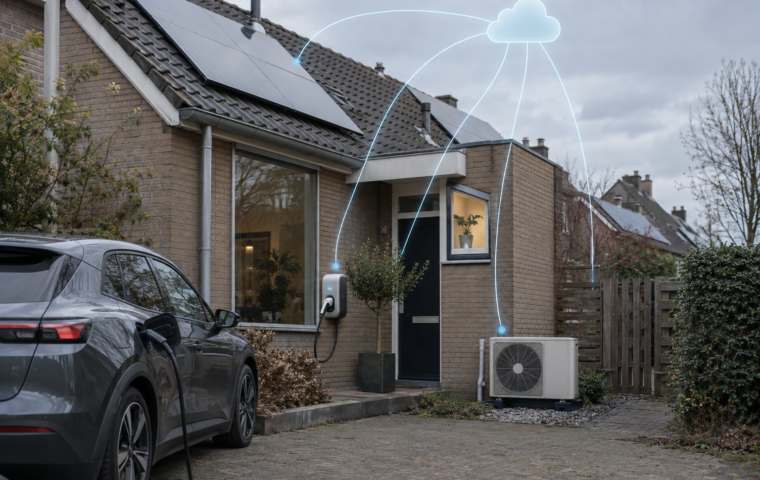 Een Nederlandse woning met zonnepanelen, laadpaal en warmtepomp die via subtiele lijnen met dezelfde cloud zijn verbonden.