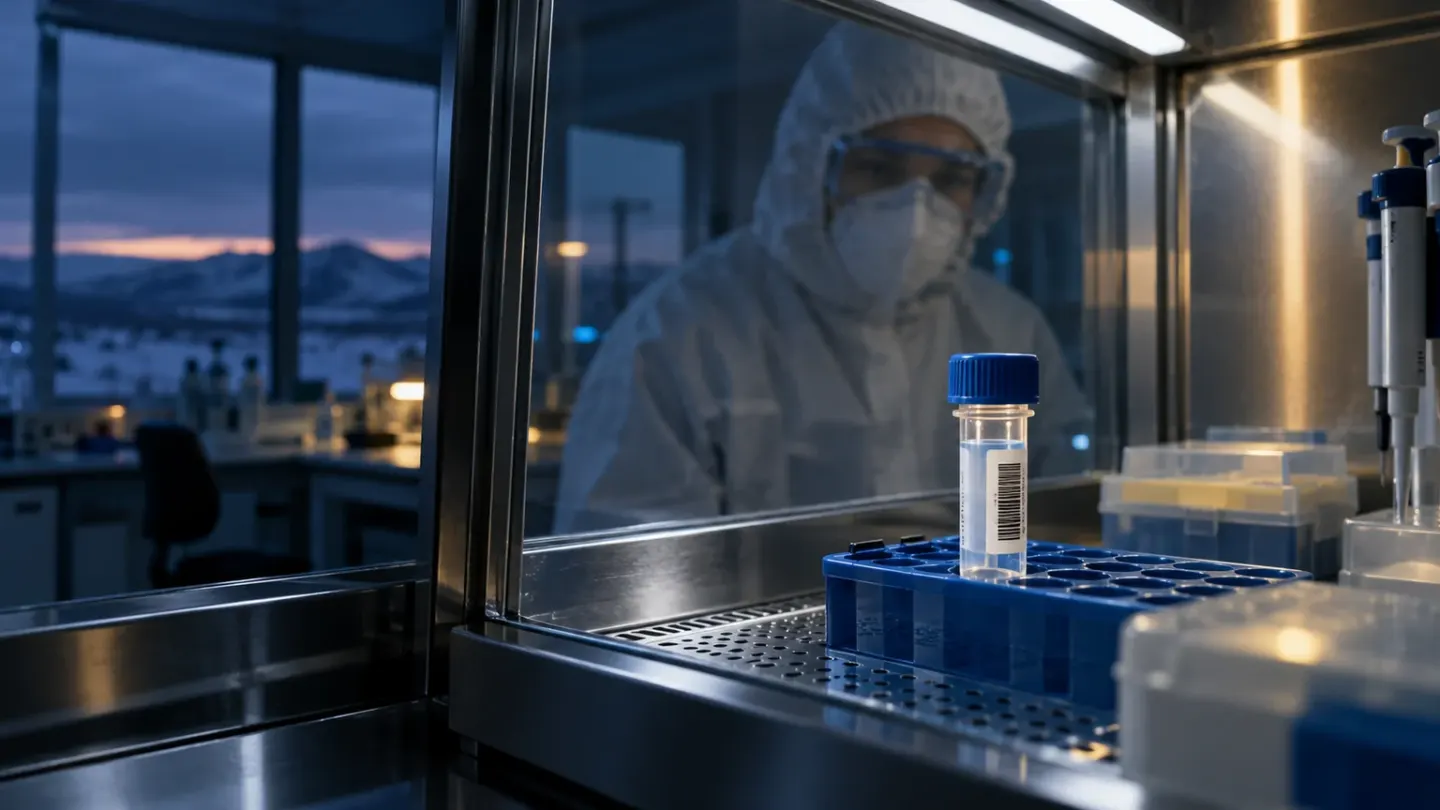 Intact en afgesloten monsterbuisje in een beveiligde laboratoriumkast met een onderzoeker achter glas