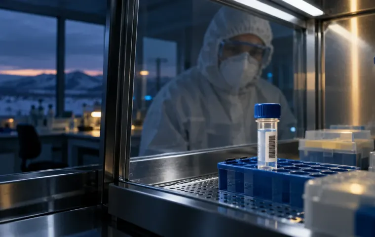 Intact en afgesloten monsterbuisje in een beveiligde laboratoriumkast met een onderzoeker achter glas