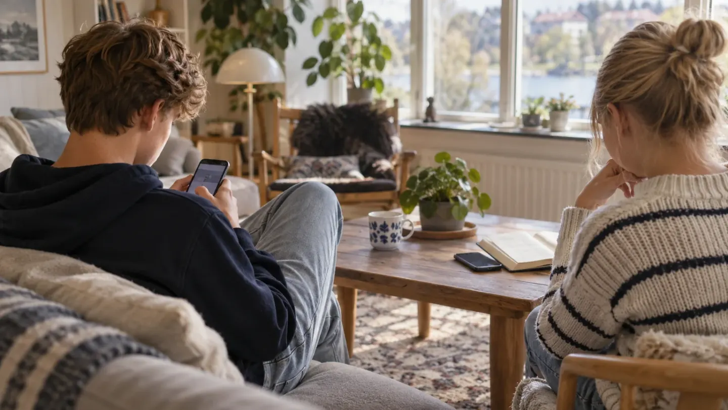 Twee jongeren zitten in een woonkamer; de een kijkt op een telefoon, de ander zit naast een boek en een weggelegde telefoon.