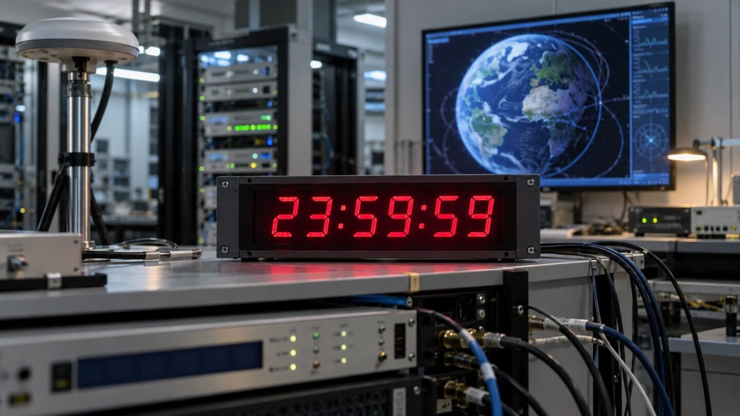 Digitale klok op 23.59.59 in een laboratorium voor tijdmeting, met tijdservers en de aarde op een scherm
