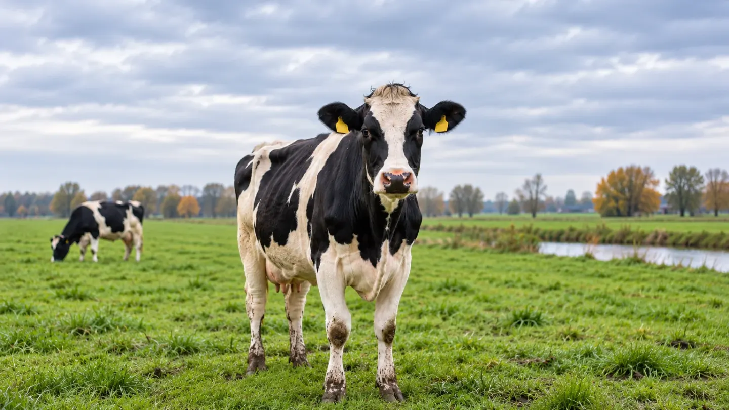 AI-illustratie van een zwartbonte koe in een groene weide met een tweede koe op de achtergrond