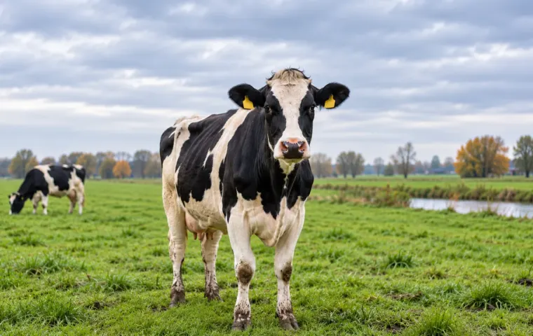 AI-illustratie van een zwartbonte koe in een groene weide met een tweede koe op de achtergrond