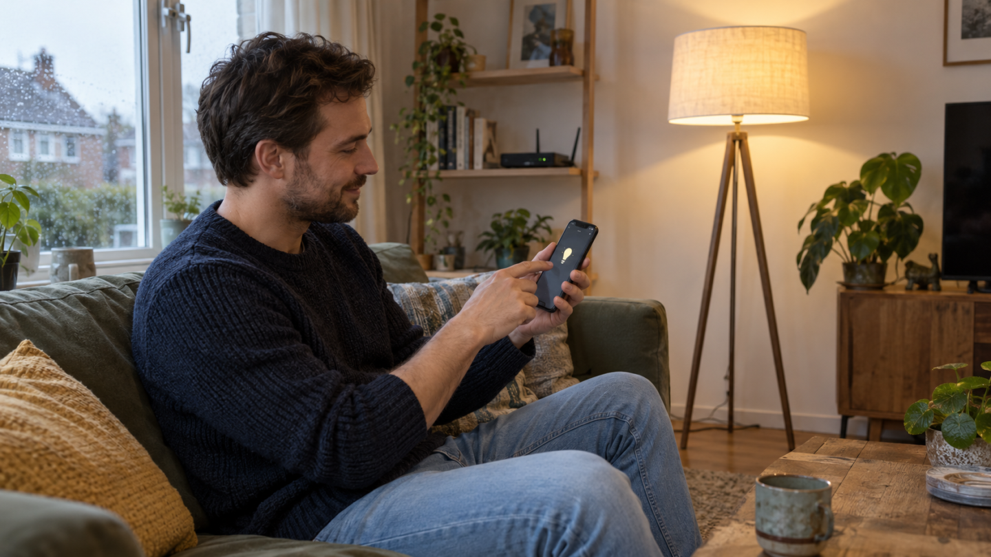 Een man gebruikt thuis een smartphone terwijl een staande lamp brandt; een router staat op de achtergrond.