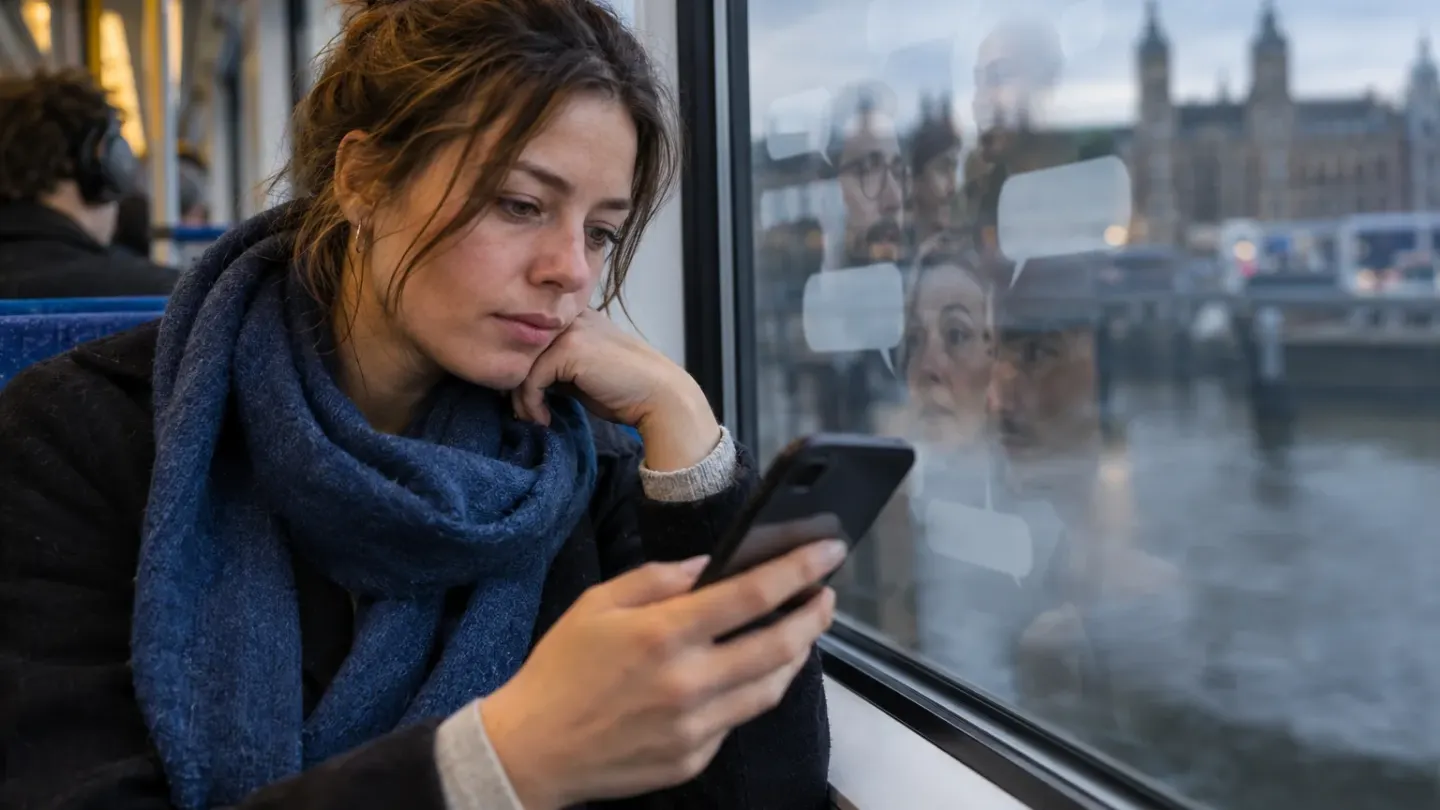 Nederlandse reiziger kijkt naar een smartphone terwijl weerspiegelingen in het raam online verbinding en verdeeldheid verbeelden