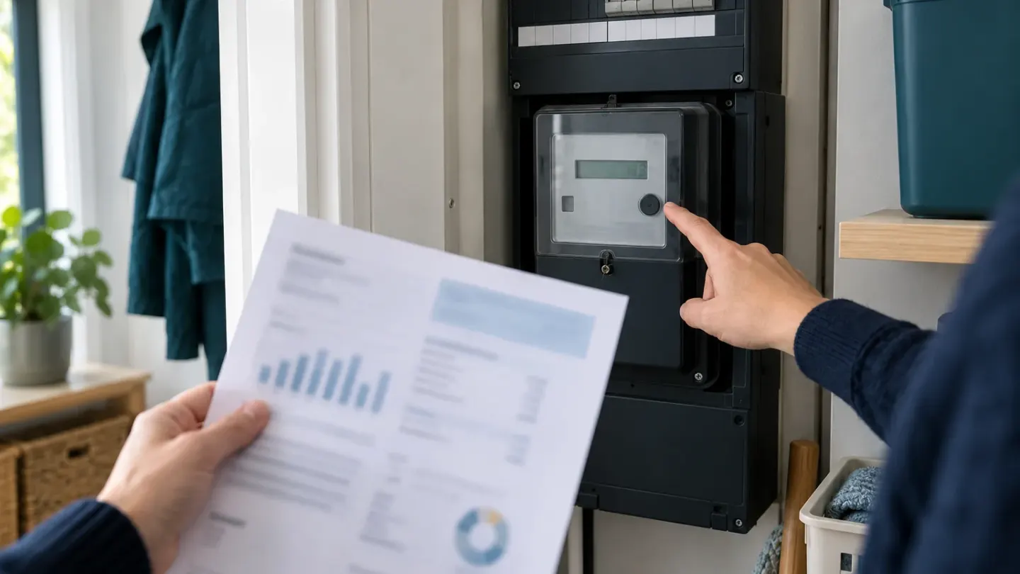 Persoon met energierekening wijst naar een elektriciteitsmeter in de meterkast