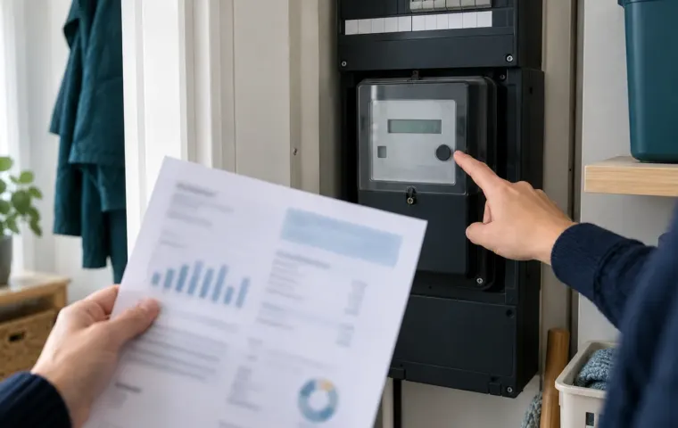 Persoon met energierekening wijst naar een elektriciteitsmeter in de meterkast
