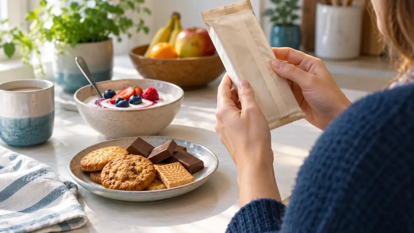 Persoon bekijkt de verpakking van een snack naast koekjes, chocolade en vruchtenkwark