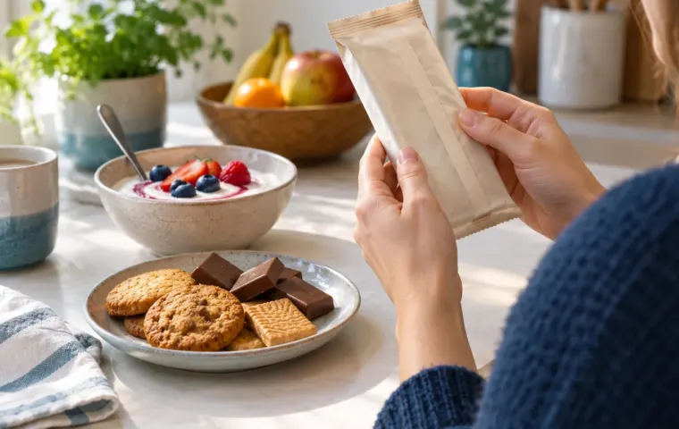 Persoon bekijkt de verpakking van een snack naast koekjes, chocolade en vruchtenkwark