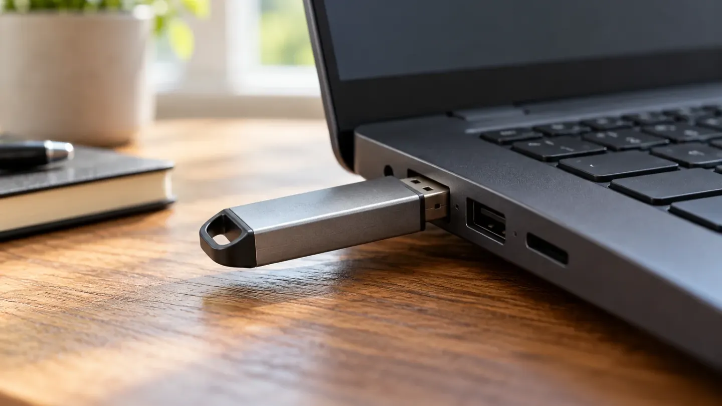 Een USB-stick is aangesloten op de zijkant van een laptop op een houten bureau.