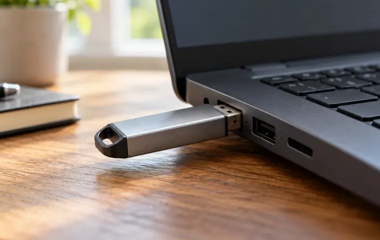 Een USB-stick is aangesloten op de zijkant van een laptop op een houten bureau.