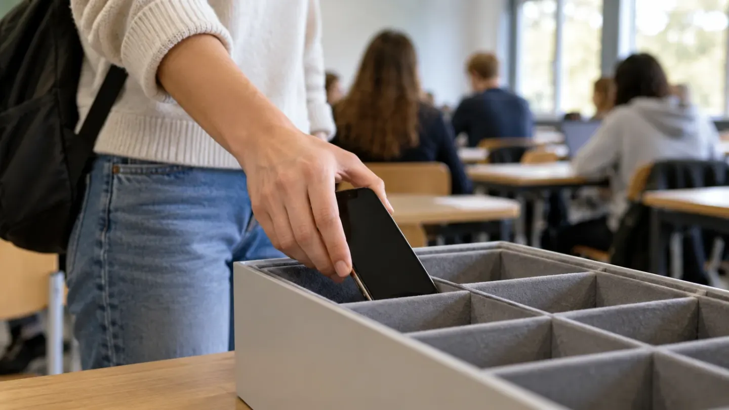 Een student legt voor het begin van een les een smartphone in een opbergvak in een klaslokaal.