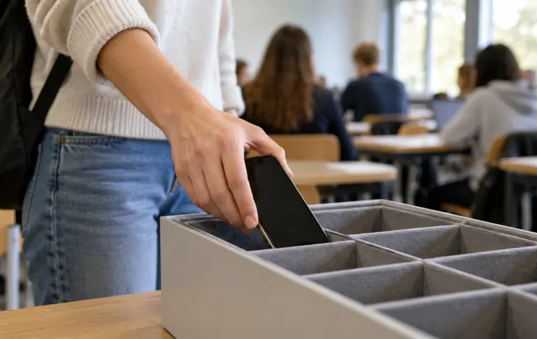 Een student legt voor het begin van een les een smartphone in een opbergvak in een klaslokaal.