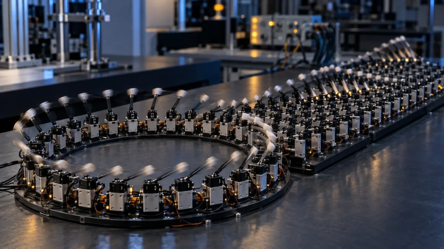 Een ring en raster van kleine mechanische modules die in een laboratorium samen een golfbeweging maken.