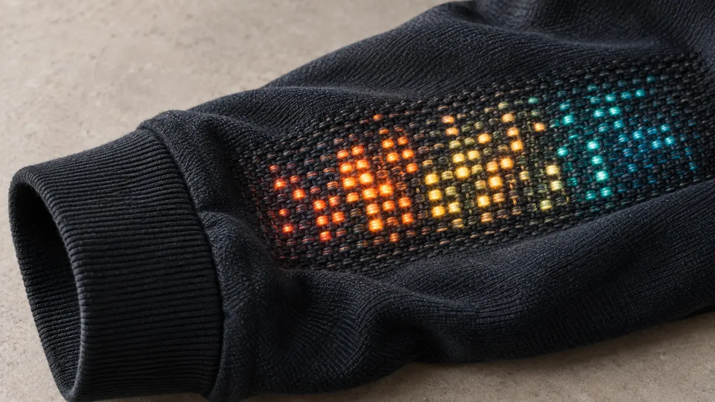 Conceptuele illustratie van een donkere stoffen mouw met gekleurde lichtpunten; niet het onderzochte prototype