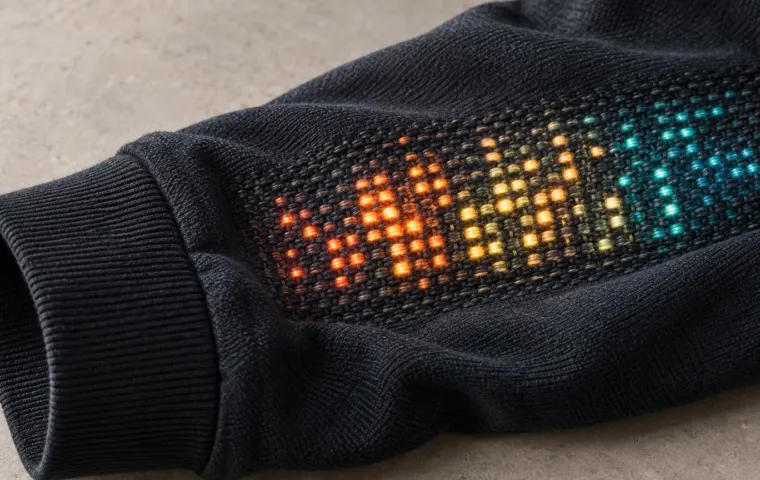 Conceptuele illustratie van een donkere stoffen mouw met gekleurde lichtpunten; niet het onderzochte prototype